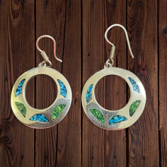 Vintage Taxco Mexico Sterling Silver Turquoise Inlay Large Round Hoop Earrings - Picture 3 of 5